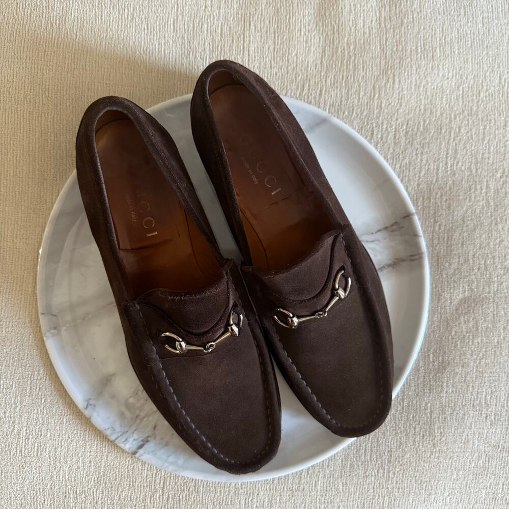Gucci Horsebit Classic Lug Sole Suede Loafers Moccasin Brown Size 14 - Picture 1 of 8